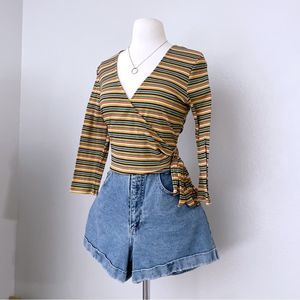 Multicolor Striped Faux Wrap Retro Top